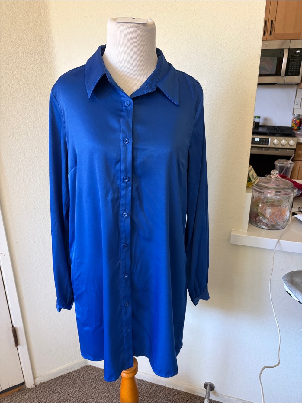 L Academie Royal Blue Button-Up Long Sleeve Shirt Dress